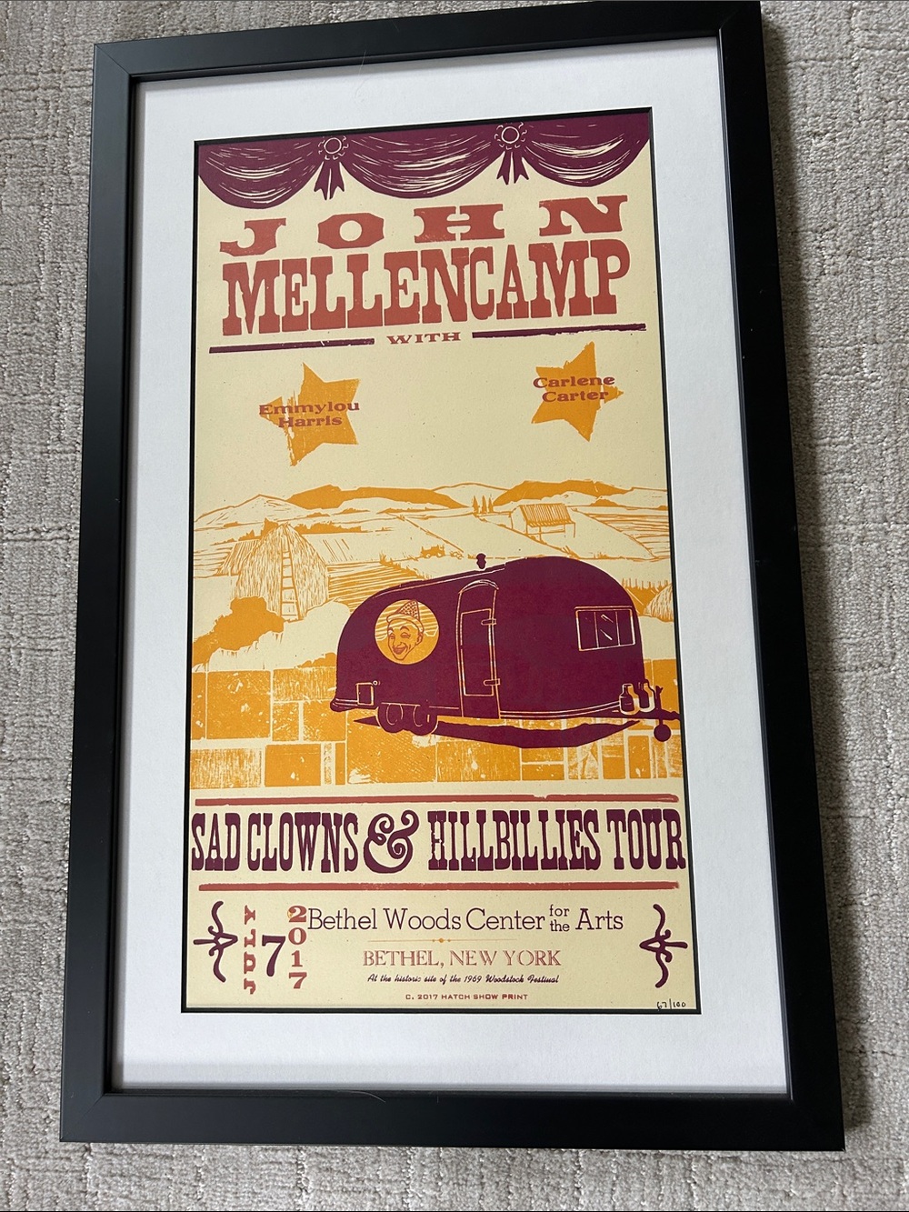 John Mellencamp 'Sad Clowns & Hillbillies Tour' Framed Poster. 2017 Bethel Woods